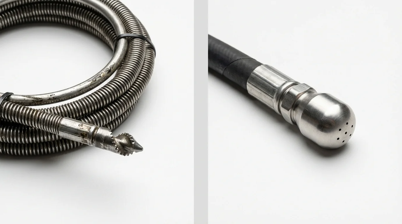 Drain snake cable and hydro jetting nozzle used for drain cleaning in Greenville, CA
