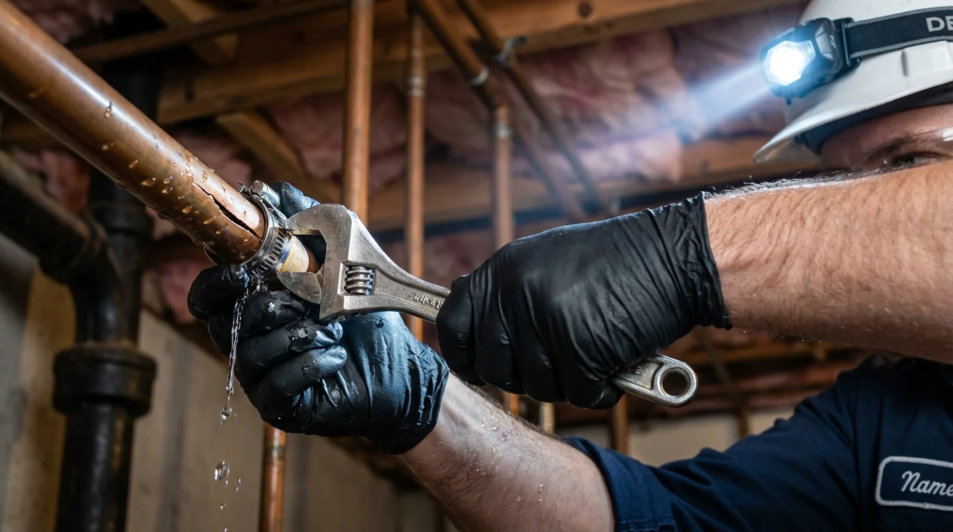 Emergency pipe clamp repair being performed by a Johns Plumbing LLC plumber in Greenville