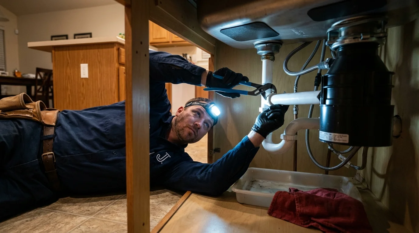 P-trap and supply line connections under a kitchen sink showing a common leak point in Greenville, CA